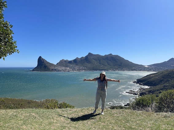 Hannah at in front of Hout Bay near the start of Chapman's Peak scenic drive