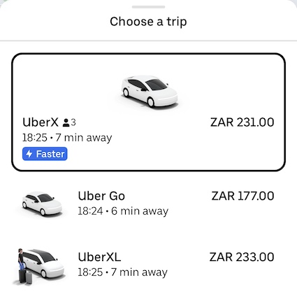 Uber prices screenshot