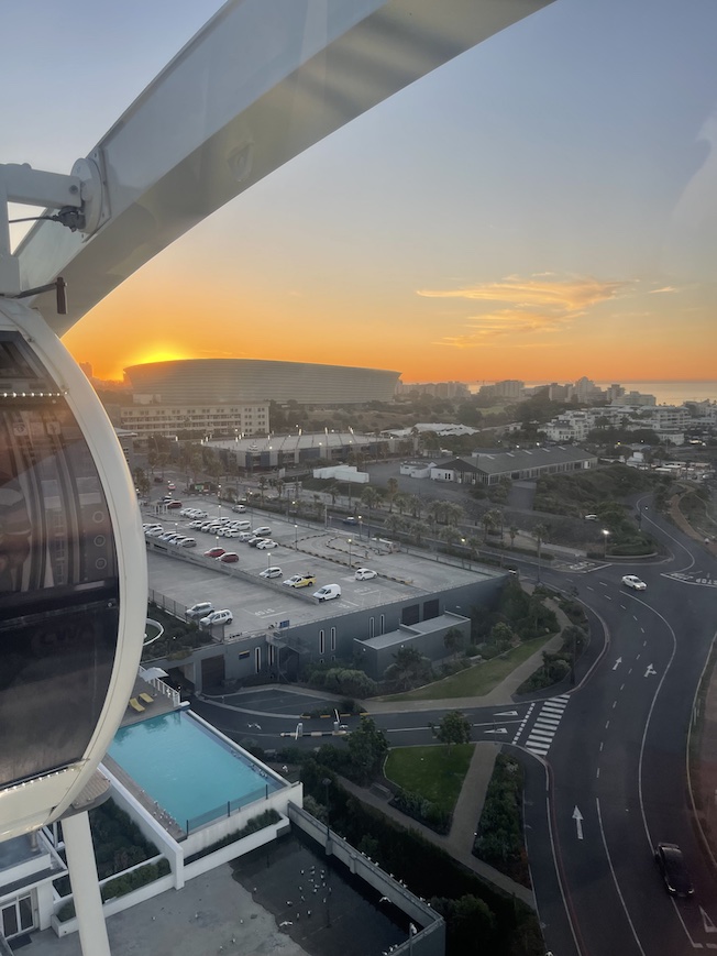 Sunset over the Green Point stadium from a pod on the Cape Wheel