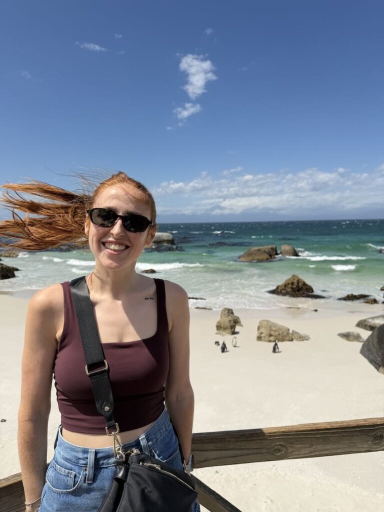 Hannah on Boulders Beach in the wind