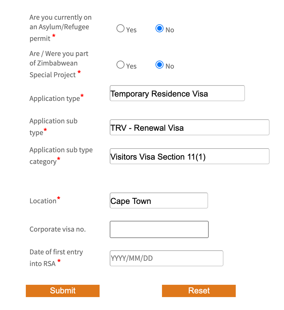 Screenshot displaying correct answers which are: Application type: Temporary Residence Visa

Application sub-type: TRV - Renewal Visa

Application sub-type category: Visitors Visa Section 11(1)