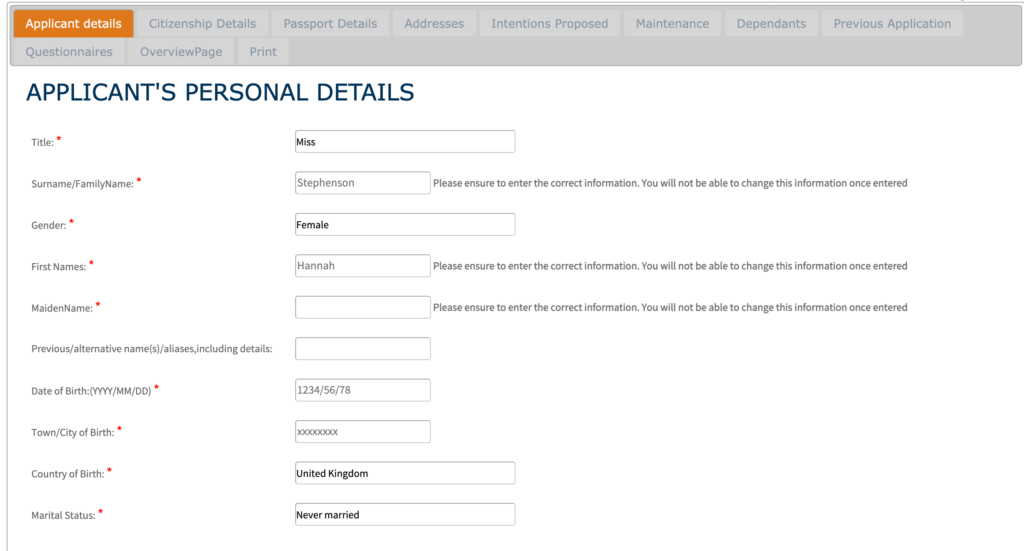 Screenshot of VFS applicant personal details page for an example