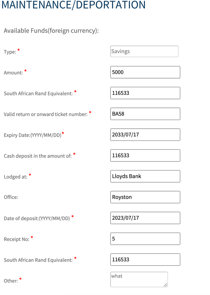 Screenshot of VFS maintenance and deportation details page for an example