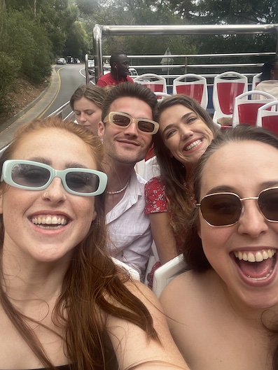 A group selfie on the Constantia valley wine bus