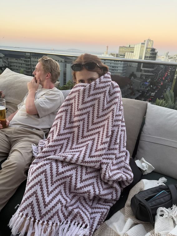 Hannah in blankets at Hugo Social Club in Sea Point