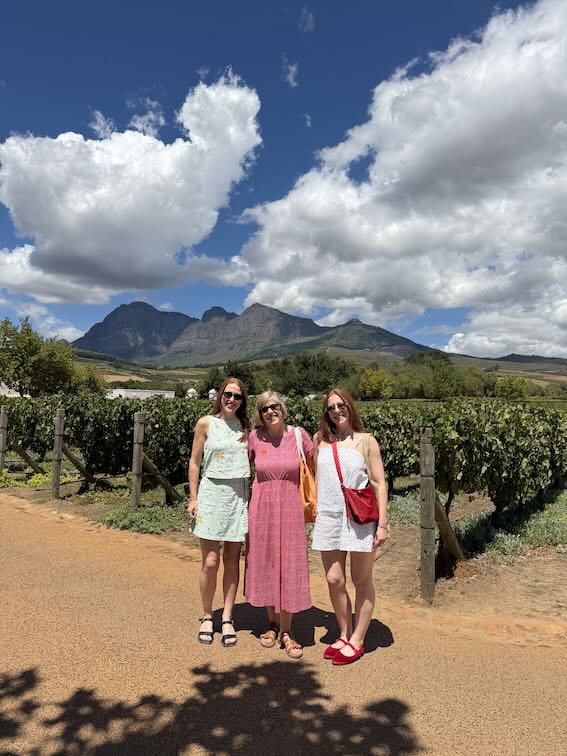 Hannah mum and Mols at Babylonstoren in the vineyard