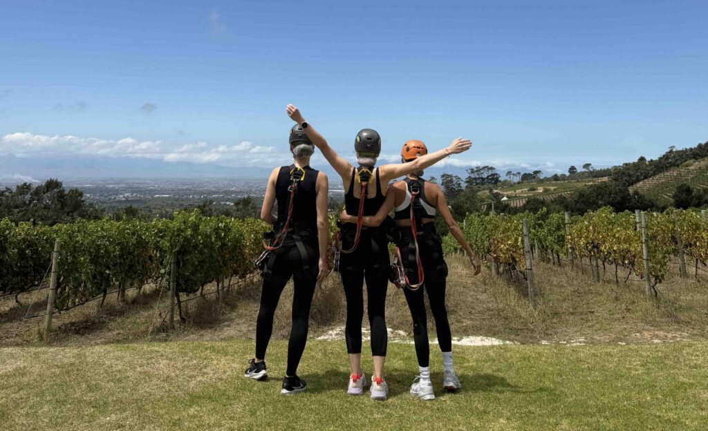 Girls zipline vineyard Hannah sophie and Georgia at the vineyard, the start point of the Cape Town zipline