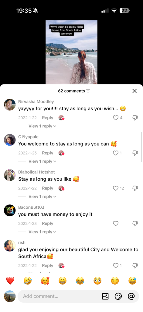 Positive TikTok comments from a Cape Town TikTok video posted in 2021