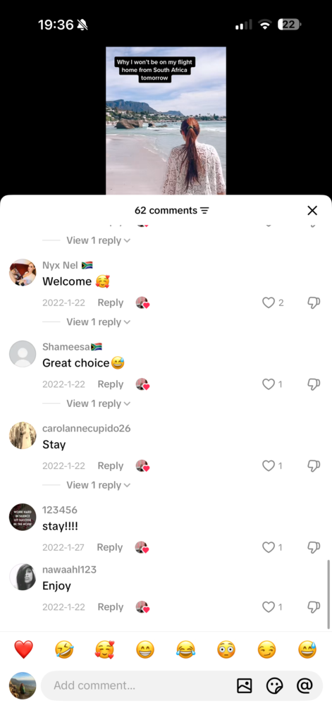Positive TikTok comments from a Cape Town TikTok video posted in 2021